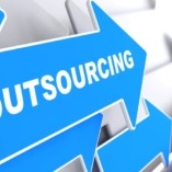 Outsourcing - Business Background. Blue Arrow with "Outsourcing" Slogan on a Grey Background. 3D Render.